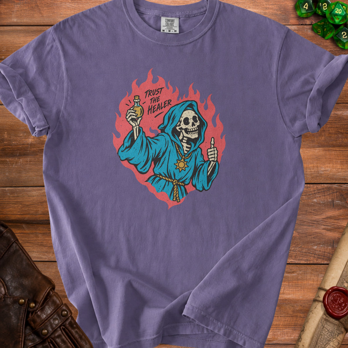 Skeleton in blue robe holding potion and giving thumbs up with text "Trust The Healer".