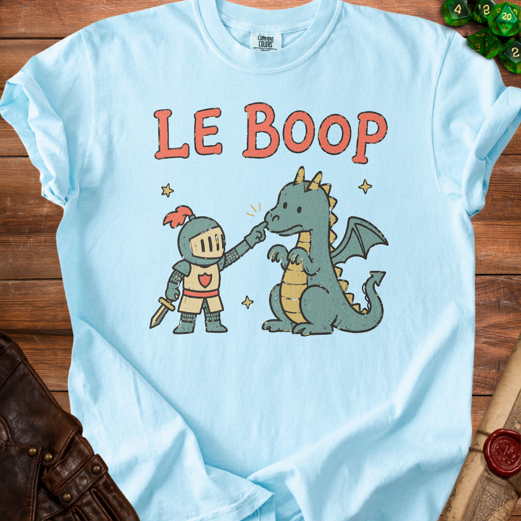 Light blue t-shirt with cartoon knight poking dragon's nose, text "LE BOOP".