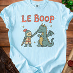 Light blue t-shirt with cartoon knight poking dragon's nose, text "LE BOOP".