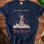 Navy t-shirt with medieval mouse warrior on skull pile, "THE HORRORS PERSIST- But So do I" text.