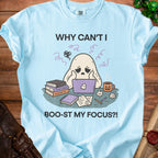 Ghost with laptop and books, "Why can't I boo-st my focus?!" text.