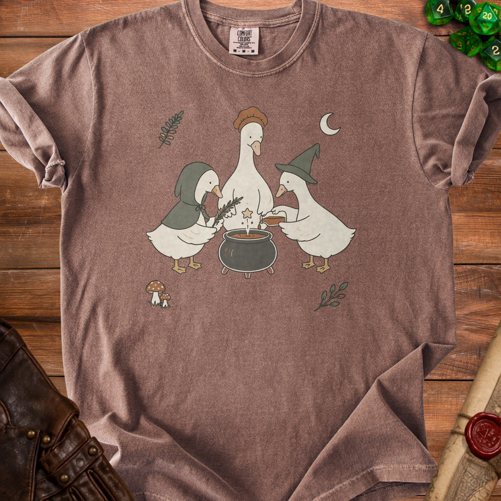 Three cartoon geese make a potion in a cauldron under a crescent moon.