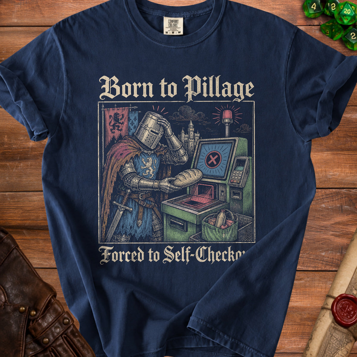 Knight in armor uses a self-checkout machine with text "Born to Pillage".