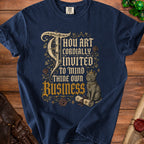 Navy t-shirt with "Thou Art Cordially Invited To Mind Thine Own Business" and a cat.