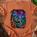 Skeleton relaxing in a hammock between giant mushrooms under a starry sky with meteors.