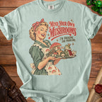 Retro woman with mushrooms and a frog king text: Mind Your Own Mushrooms, I'm Foraging For Problems.