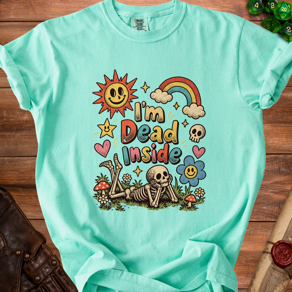 Teal t-shirt with skeleton graphic and text "I'm Dead Inside".