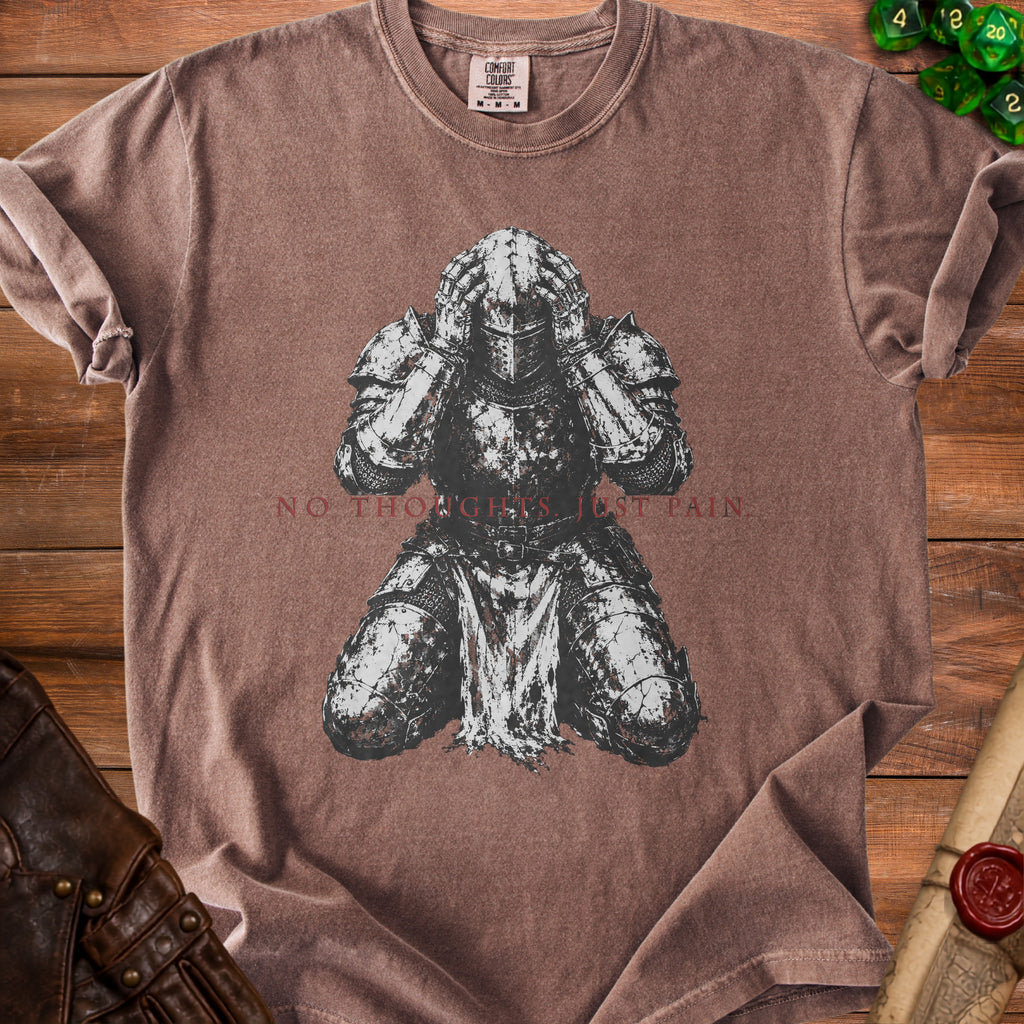 Brown t-shirt with kneeling knight graphic and "NO THOUGHTS JUST PAIN" text.
