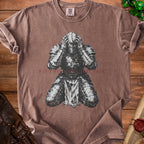 Brown t-shirt with kneeling knight graphic and "NO THOUGHTS JUST PAIN" text.