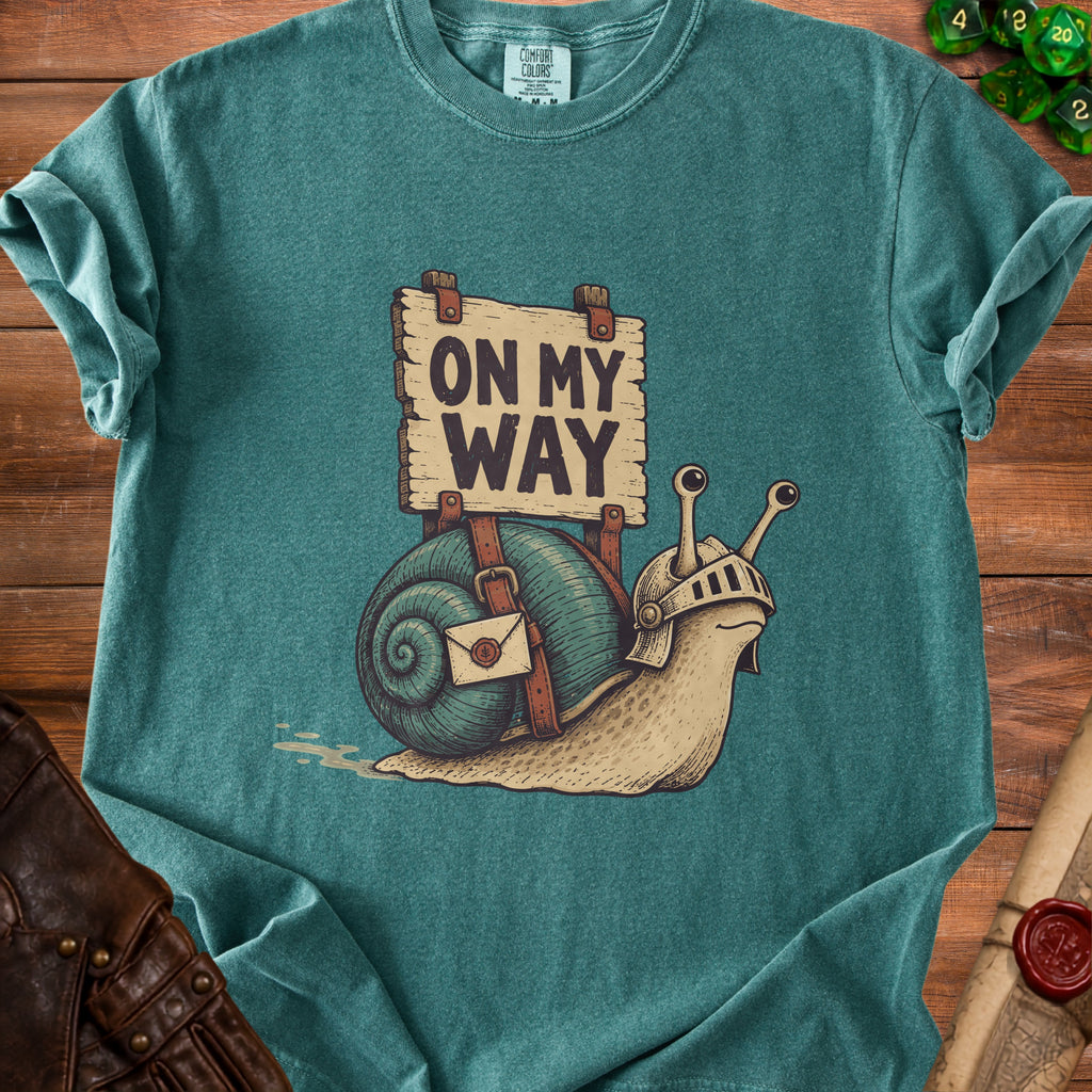 Snail wearing knight helmet with "ON MY WAY" sign and an envelope.