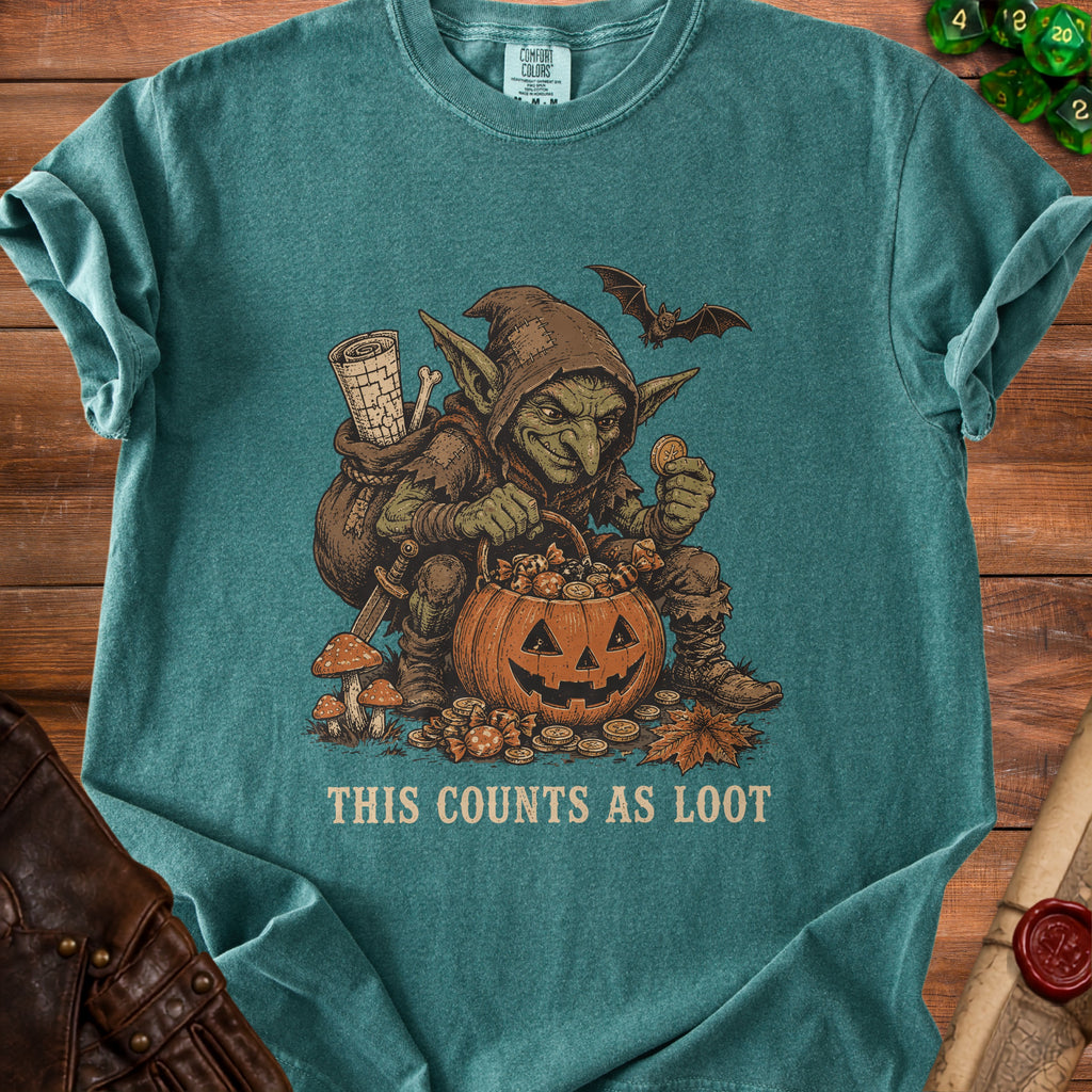 Goblin with coins and candy in a pumpkin, text reads "This Counts As Loot".