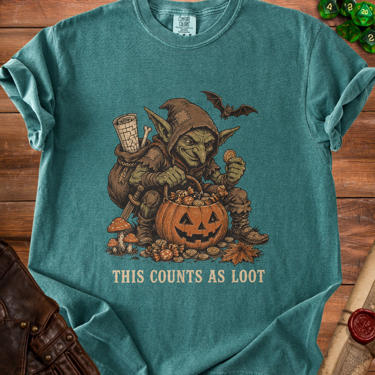 Goblin with coins and candy in a pumpkin, text reads "This Counts As Loot".