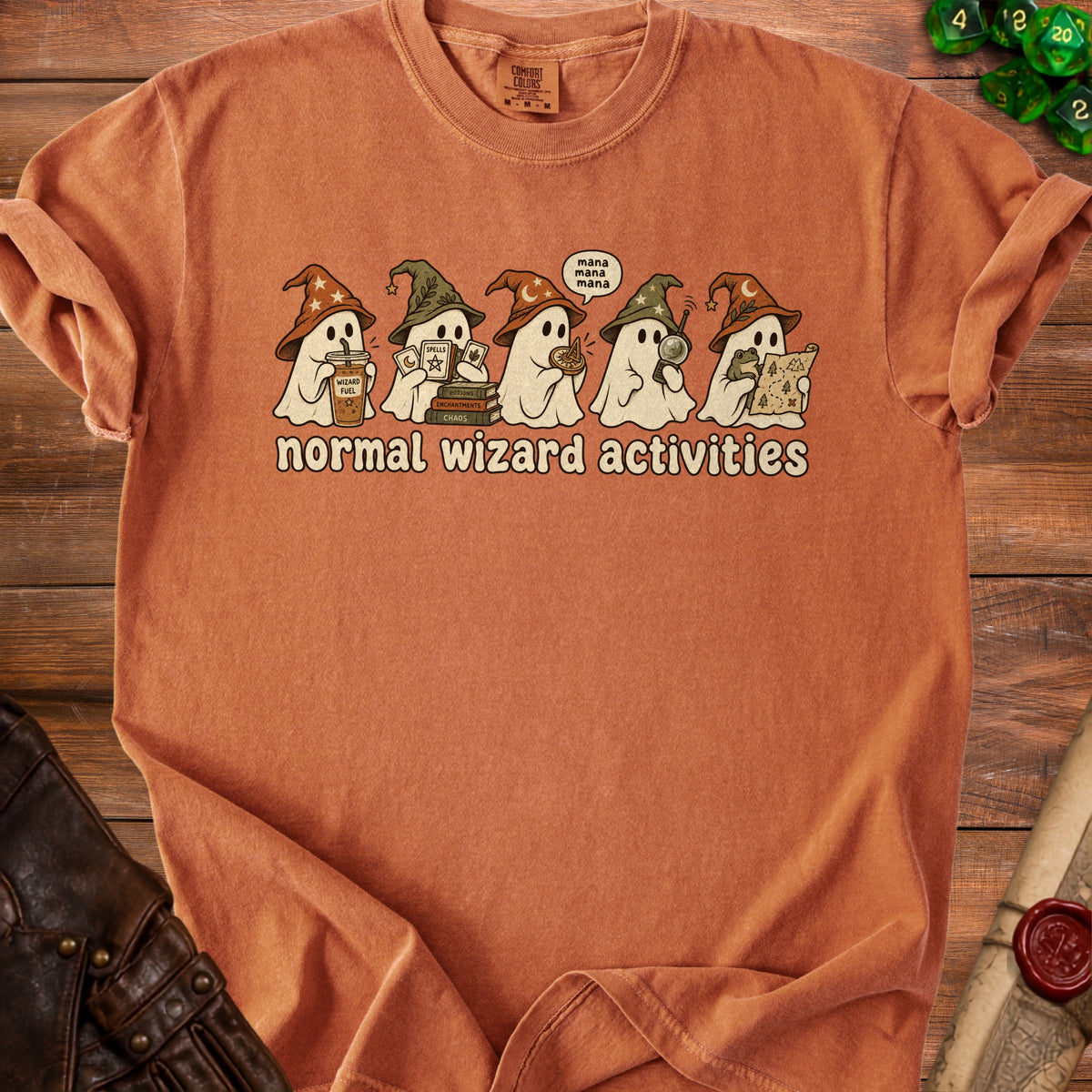 T-shirt with ghosts wearing wizard hats, text "normal wizard activities".