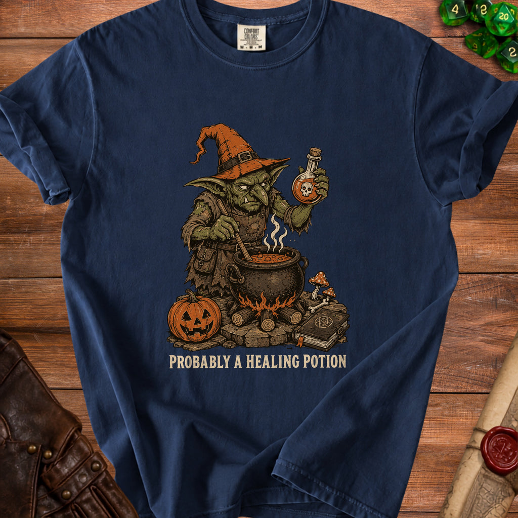 Goblin brewing a potion with skull bottle and text "PROBABLY A HEALING POTION".
