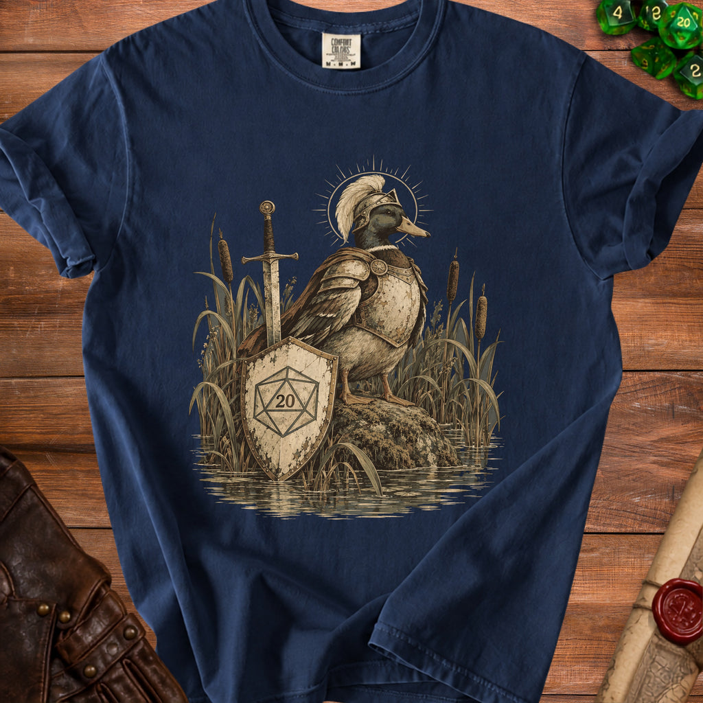 Duck in armor with sword and twenty-sided die shield in marsh.