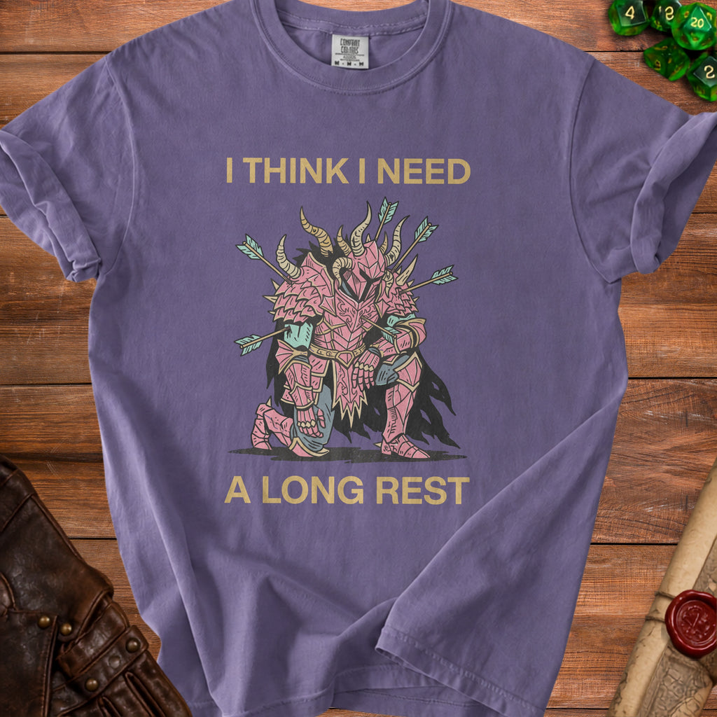 Purple t-shirt with gold text "I THINK I NEED A LONG REST" and knight graphic.