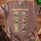 Brown t-shirt with "Choose Your Corgi" and six corgi characters as fighter, mage, ranger, bard, healer, and rogue.