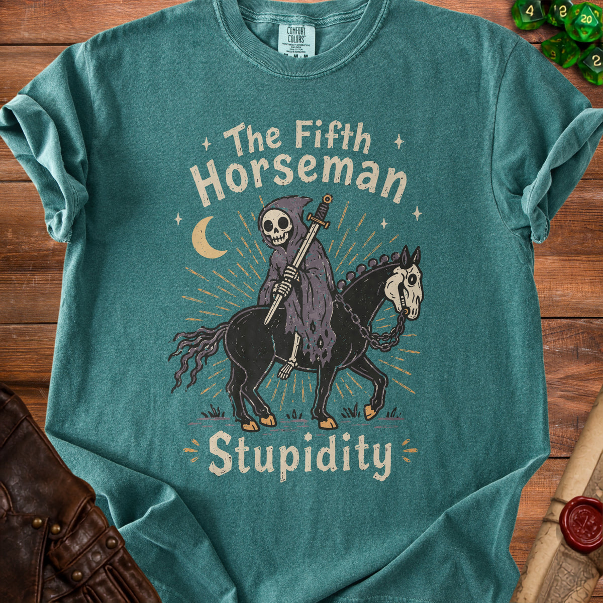 Grim reaper on a horse with text "The Fifth Horseman Stupidity".