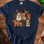 Navy t-shirt with "Goblin Mode" text featuring a ghost, mushrooms, bats, and potion bottle.