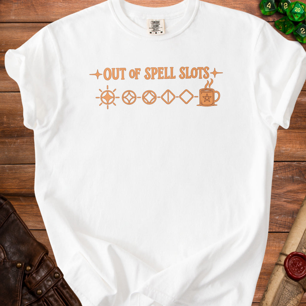 White t-shirt with "Out of Spell Slots" and dice symbols and coffee mug graphic.