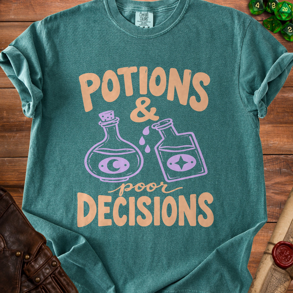 Teal t-shirt with "Potions & Poor Decisions" text and potion bottles graphic.