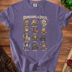 Purple t-shirt with "Dungeons & Dogs" and illustrated dogs as fantasy characters.