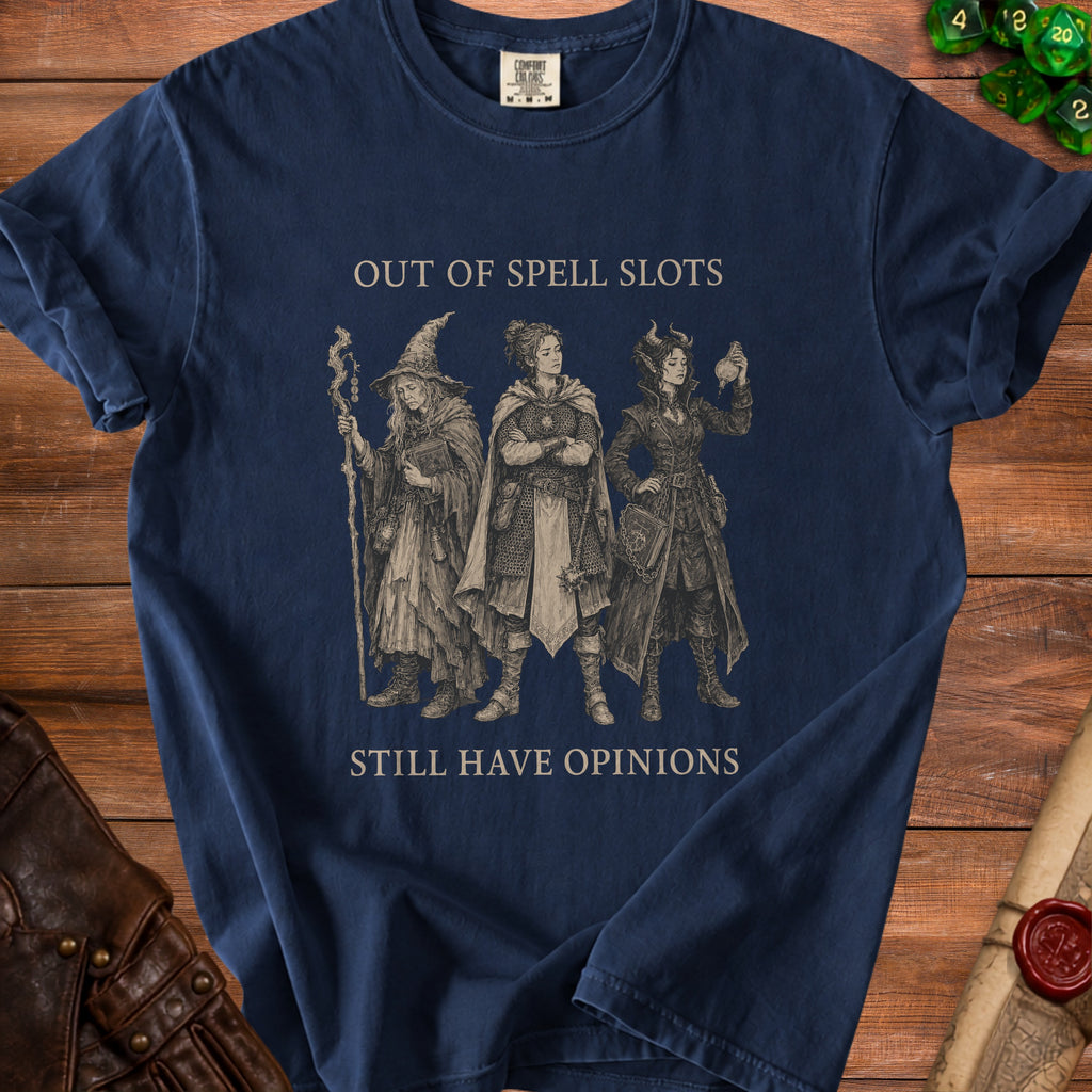 Navy t-shirt with three fantasy characters and text "OUT OF SPELL SLOTS STILL HAVE OPINIONS".