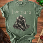 Green t-shirt with "low mana" text and distressed knight graphic.
