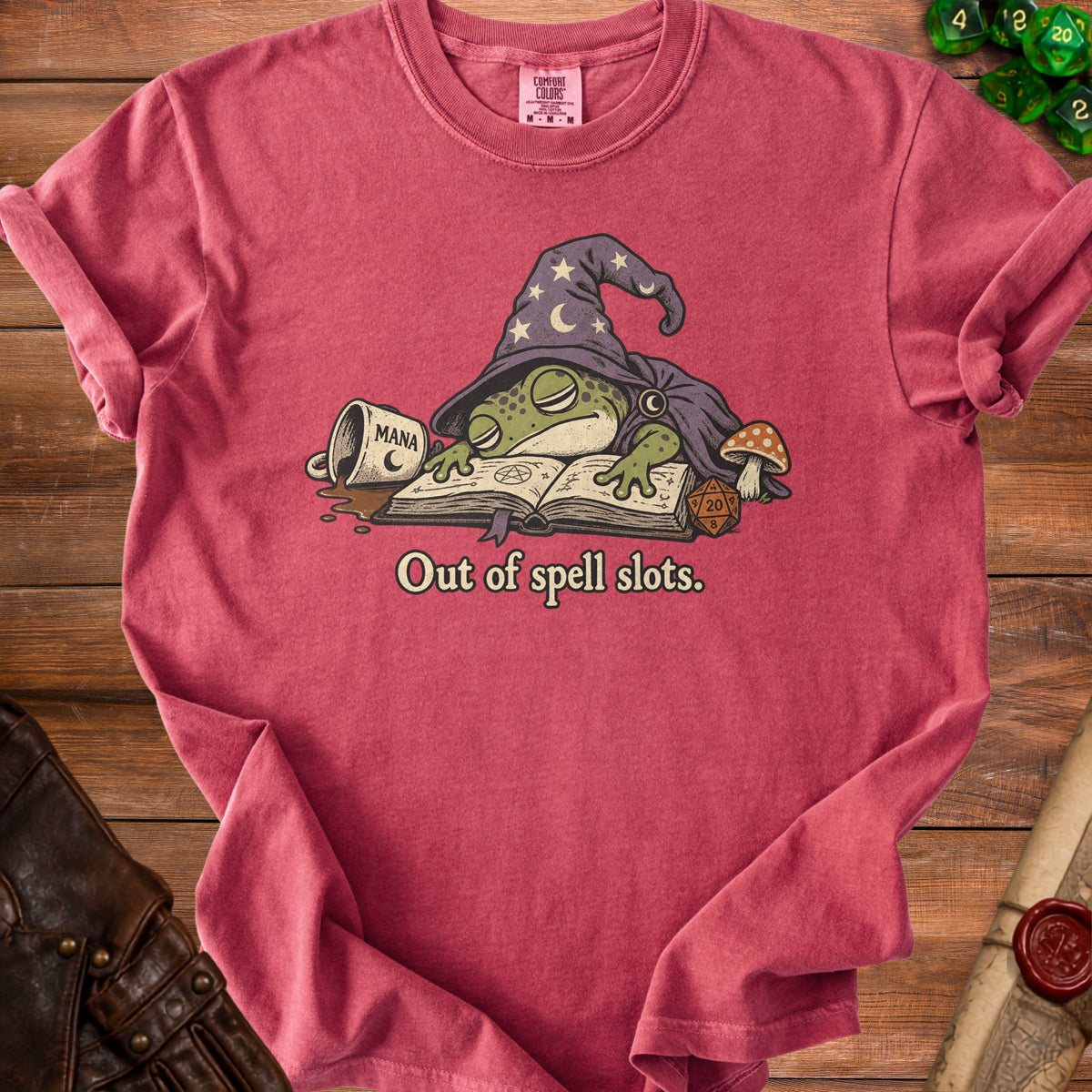 T-shirt with a sleeping frog wizard and "Out of spell slots." text.