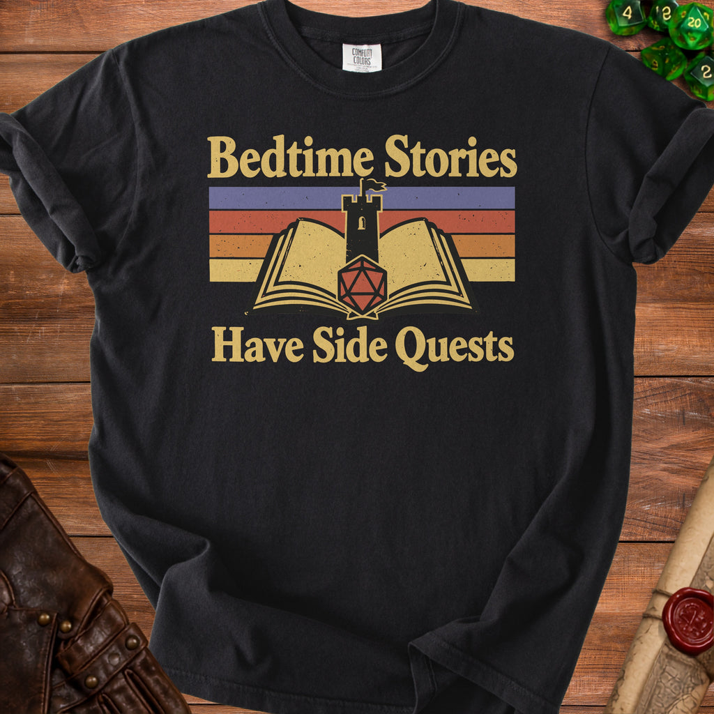 Black t-shirt with "Bedtime Stories Have Side Quests" and castle graphic.