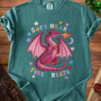 Pink dragon with heart breathes fire, text "SOFT HEART FIRE BREATH".