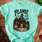 Mint t-shirt with black cat wearing witch hat and holding "NO THANKS" mug.