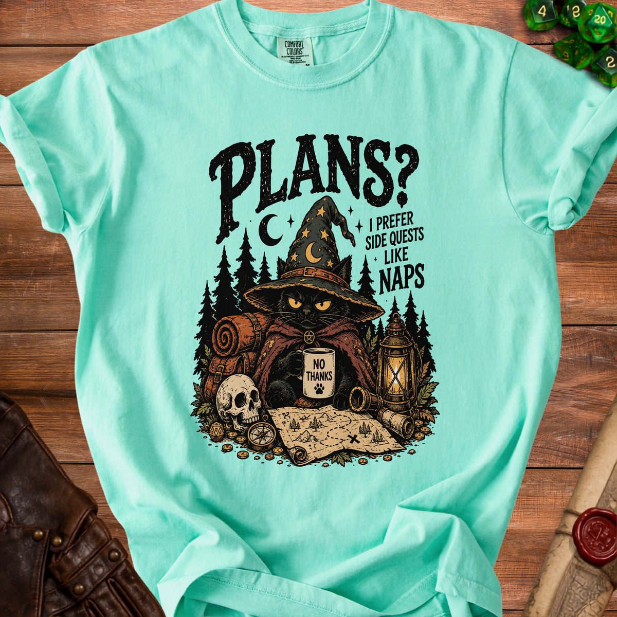 Mint t-shirt with black cat wearing witch hat and holding "NO THANKS" mug.