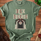 Green t-shirt with "Deck the Dungeon" text and a D20 die ornament.