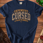 Navy blue t-shirt with "Expensive & Talks to Ghosts" text and leopard print.
