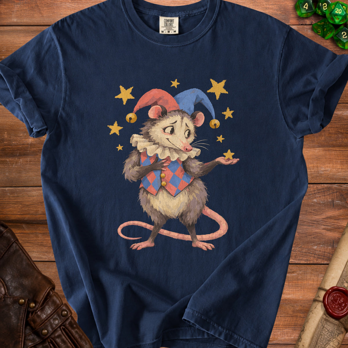 Opossum dressed as a jester holding a star, surrounded by yellow stars.