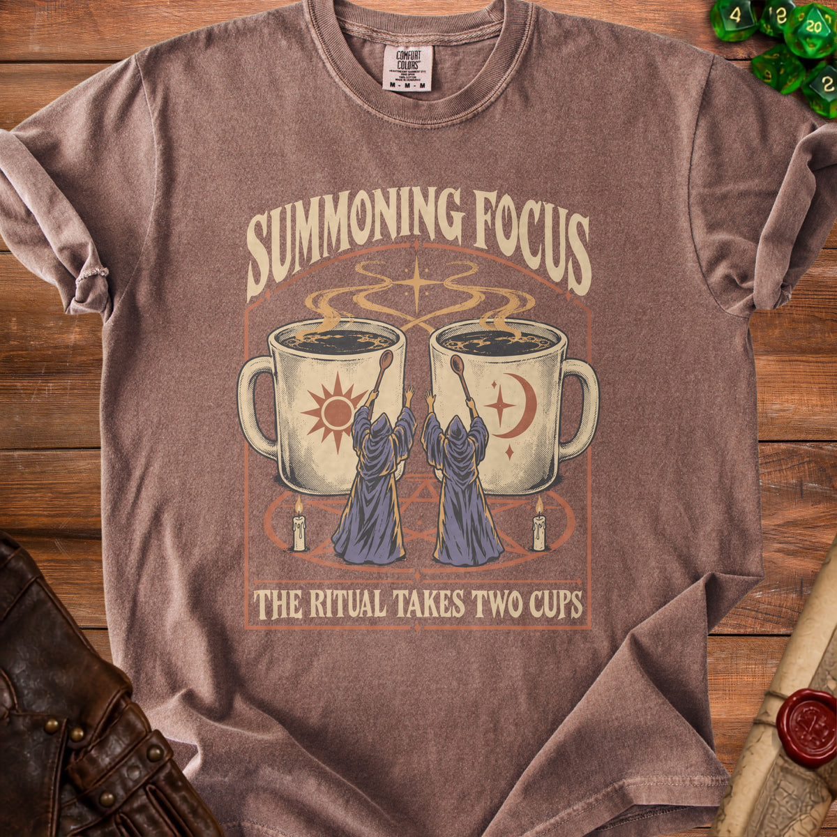 T-shirt with "Summoning Focus" text and two wizards with coffee cups.
