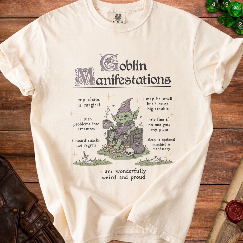 Cream t-shirt with a goblin illustration and the text "Goblin Manifestations".