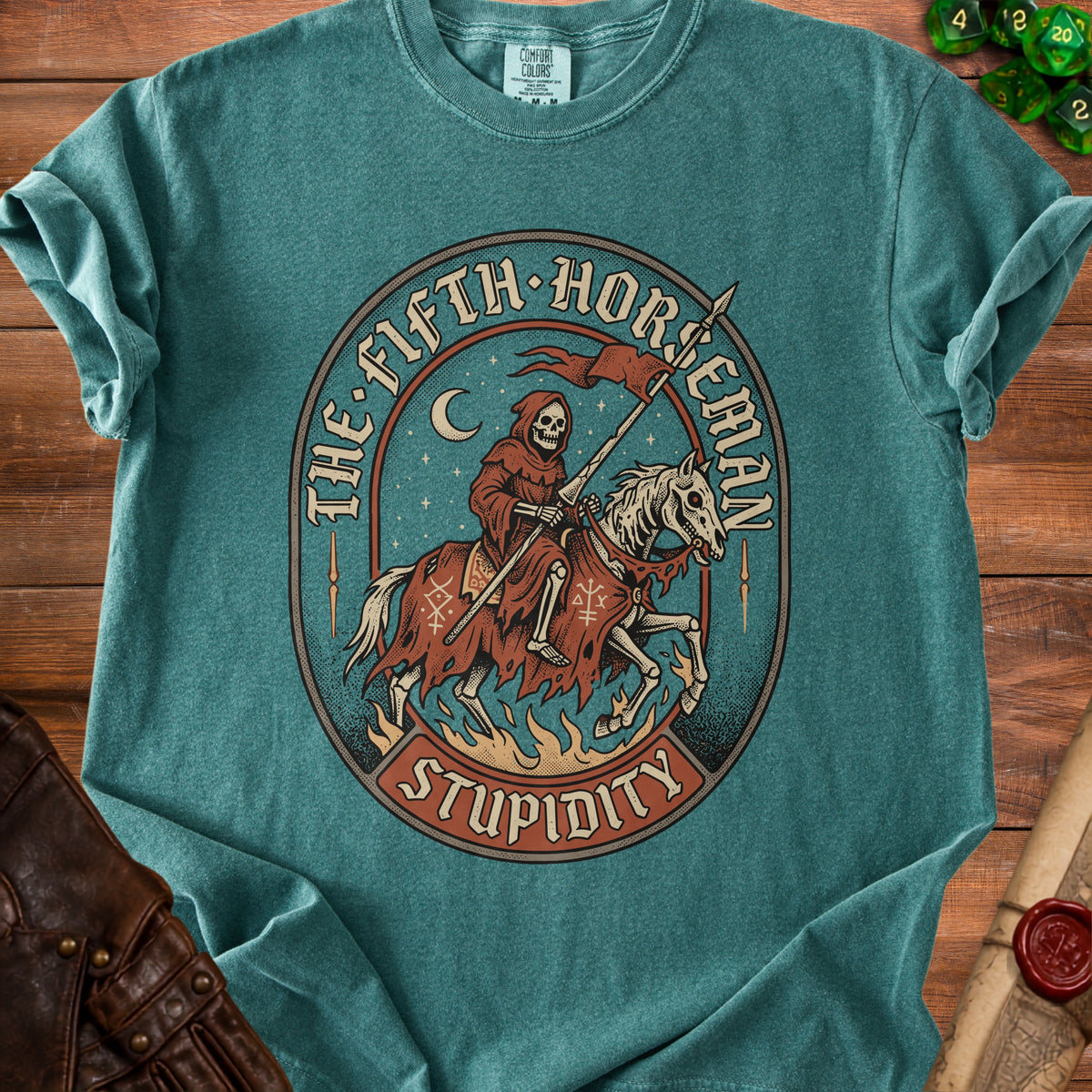Grim Reaper riding a skeleton horse with text "The Fifth Horseman Stupidity"