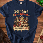 Dark blue t-shirt with medieval dogs: "Standard Lads Weekend. Not a phone in sight."