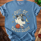 Blue t-shirt with ghost wearing wizard hat, holding wand, dice, and text "OUT OF SPELL SLOTS".