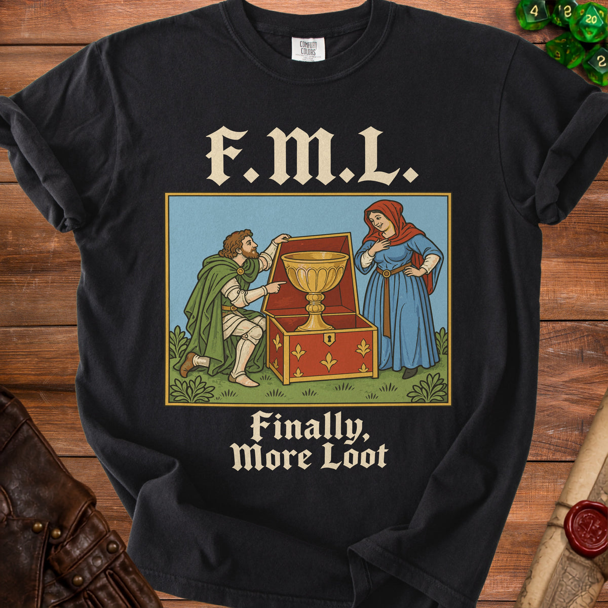 Black t-shirt with "F.M.L." and "Finally, More Loot" text and medieval illustration.