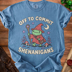 Blue t-shirt with cartoon wizard frog holding staff and text "Off to Commit Shenanigans".