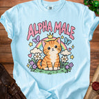 Light blue t-shirt with a cute cartoon tabby cat wearing a crown and rainbow.