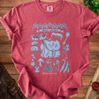Red t-shirt with "Goblin valuables" and assorted trinkets print.