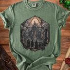 Green t-shirt with a d20 die graphic showing a fantasy castle and adventurers.