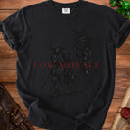 Black t-shirt with dark knight graphic and red text "LOW MORALE".