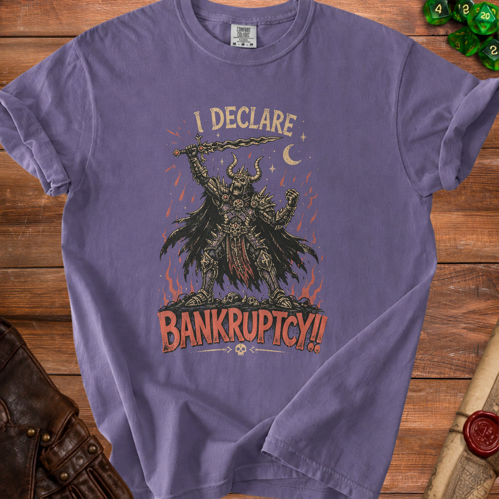 Purple t-shirt with skull warrior graphic and "I DECLARE BANKRUPTCY!!" text.