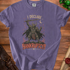 Purple t-shirt with skull warrior graphic and "I DECLARE BANKRUPTCY!!" text.