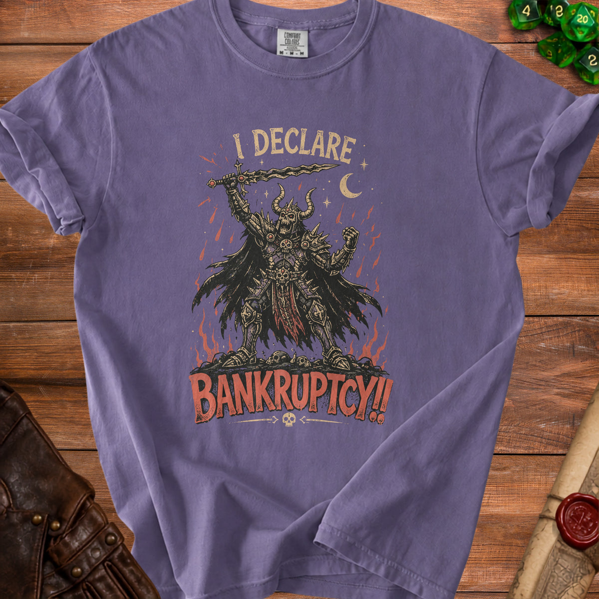 Purple t-shirt with skull warrior graphic and "I DECLARE BANKRUPTCY!!" text.